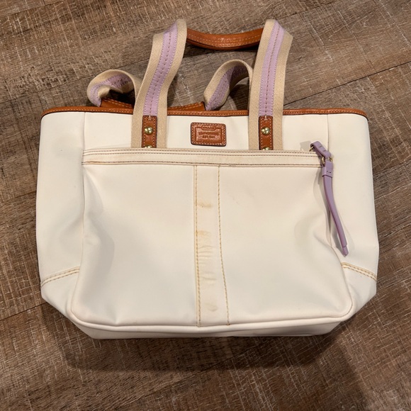 Coach Handbags - Coach Cream Tote with Purple and Tan Accents